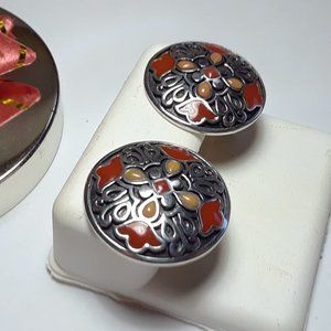 Estate 3/4" Diameter Floral 3 color Enamel Sterling Silver Clip on Earrings16661